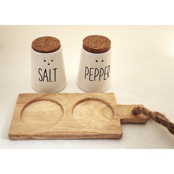 SALT & PEPPER/PIER 1-Set of Shakers With Wood Board Stand-Cork Tops-Set of 3 - Picture 7 of 10